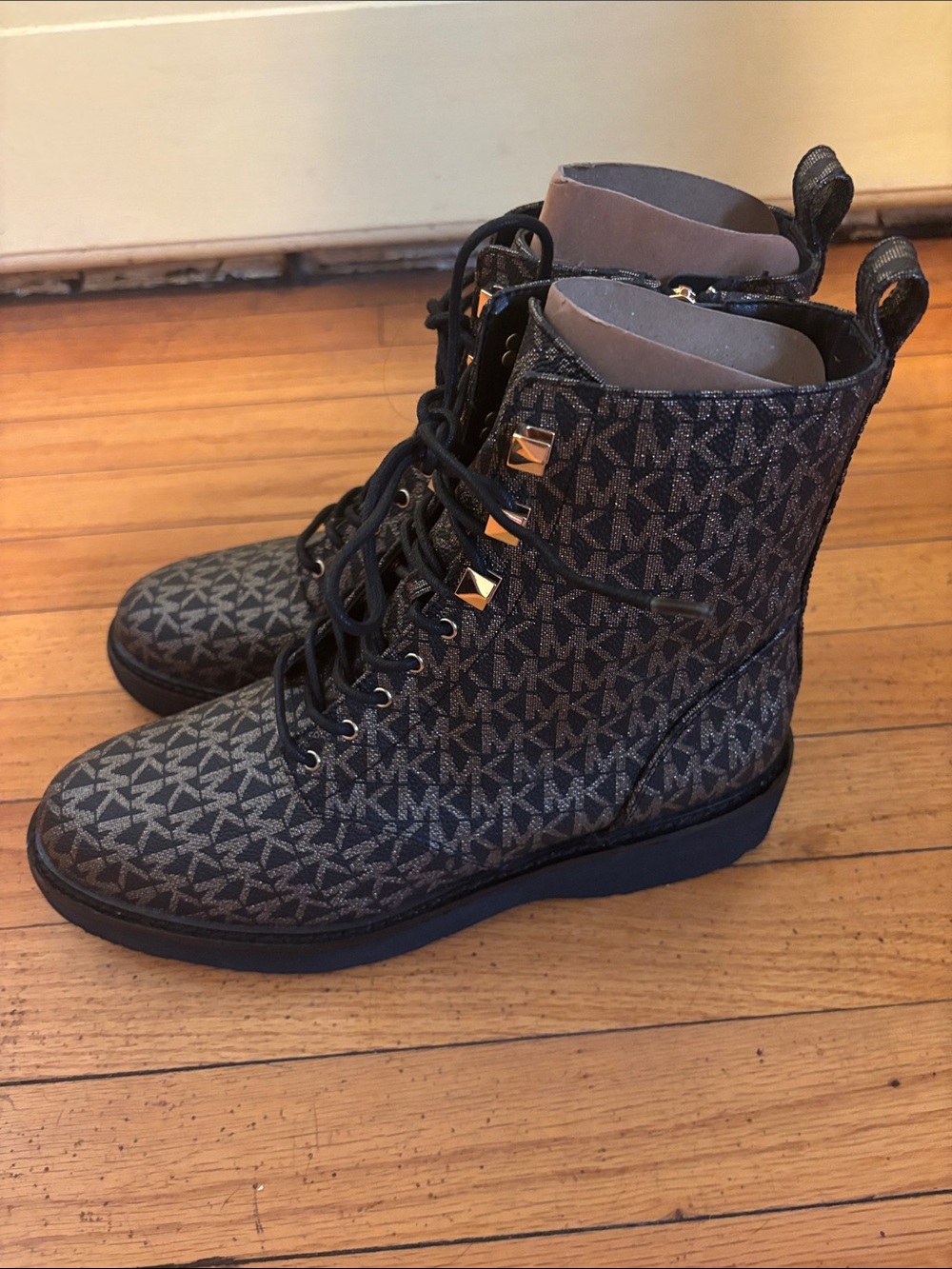 Michael Kors Black and Gray MK Monogram Lace-Up Combat Boots - Picture 2 of 4